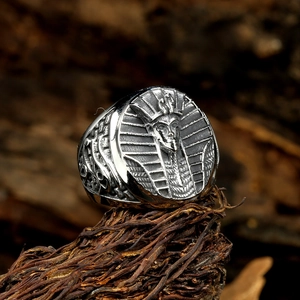 Vintage stainless steel Egyptian Pharaoh ring with antique silver finish for men