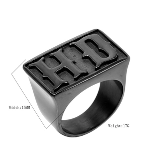Chevalière punk pour homme en acier inoxydable noir mat avec relief de lettre gothique HD
