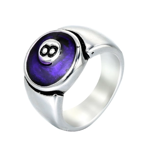 Detailed view of billiard number 8 pool ball ring made of titanium steel with purple enamel