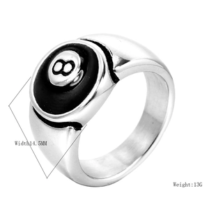 Men's titanium steel ring with black and white billiard 8 ball design, width 14.5mm
