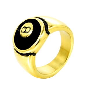 Men's gold titanium ring with black billiard number 8 signet design in punk style