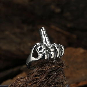 Vintage style polished stainless steel ring featuring a middle finger fist gesture design