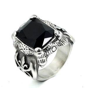 Anello punk vintage da uomo in acciaio inossidabile con grande gemma nera quadrata e giglio