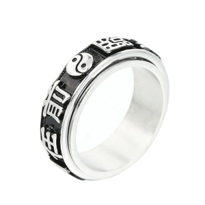 Yin Yang spinning ring with embossed Chinese lucky characters in black and silver steel