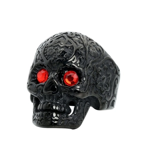 Retro Skull Ring Stainless Steel Punk Gothic Engraved Red Rhinestone Eyes For Men Biker Style Hand Jewelry