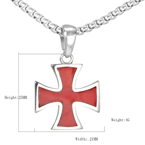 Retro stainless steel cross pendant with red enamel inlay and size measurements