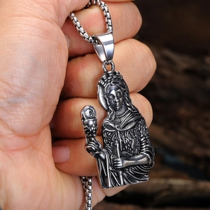 Retro stainless steel religious saint pendant necklace with a vintage silver finish