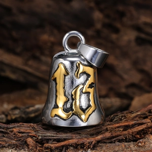 Retro stainless steel biker bell pendant with golden number 13 on dark wood