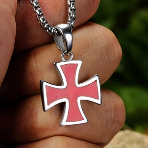 Retro stainless steel cross pendant with red enamel inlay on a box chain necklace