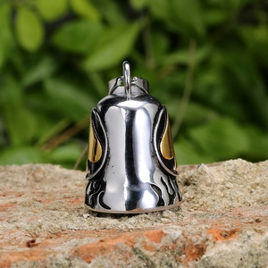 Vintage stainless steel motorcycle guardian bell pendant with golden flame details