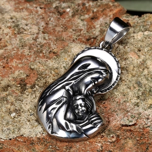 Pendentif vintage en acier Vierge Marie et Enfant sur fond de pierre naturelle