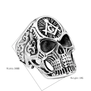 Retro punk skull ring for men with Masonic G symbol and vintage silver steel finish