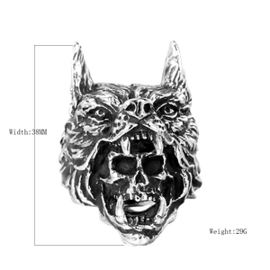 Gothic wolf head ring with skull inside, vintage silver titanium steel, 38mm width