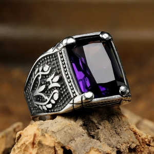 Vintage punk stainless steel ring featuring a large rectangular purple gemstone