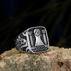 Vintage stainless steel Freemasonry ring for men featuring skull and Gothic motifs