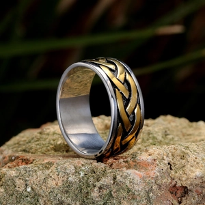 Bague Viking vintage pour homme en acier inoxydable avec motif tresse dorée