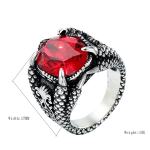 Vintage Mens Dragon Claw Ring Stainless Steel Gothic Punk Biker Jewelry With Large Red Black Rhinestone Inlaid Fashion Ring