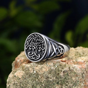 Chevalière vintage Arbre de Vie en acier titane avec nœuds celtiques Triquetra pour homme