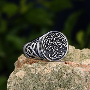 Bague arbre de vie vintage en acier pour homme avec nœuds celtiques sur pierre naturelle