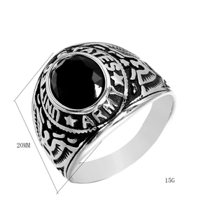 Retro stainless steel US Army ring with large black gemstone and eagle insignia design