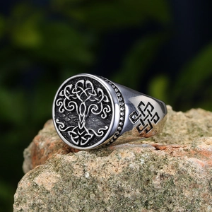 Anillo de sello Vikingo Árbol de la Vida de acero inoxidable para hombre sobre piedra