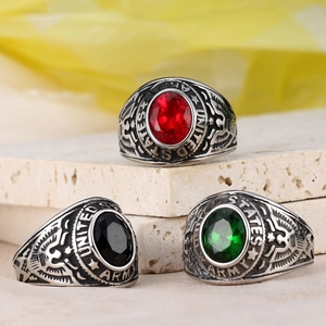 Men's vintage United States Army eagle rings with red black green oval gemstones