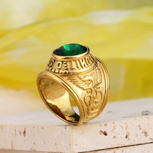 18k gold plated stainless steel military ring with large green faceted gemstone