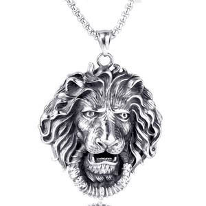 Dominant lion head pendant necklace in silver stainless steel with detailed mane texture