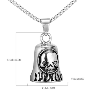 Retro stainless steel skull bell pendant with box chain showing 37mm x 24mm dimensions