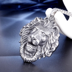 Polished stainless steel lion head pendant with vintage silver finish and box chain for men