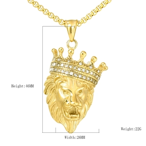 Iced out lion head pendant necklace with crown in gold finish for men hip hop style