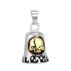 Vintage stainless steel skull bell pendant with golden relief and black flame patterns