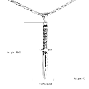 Men's stainless steel dagger pendant necklace with detailed measurements 58mm x 11mm