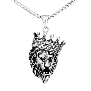 Hip hop lion head necklace with crown pendant and sparkling cubic zirconia crystals