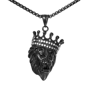 Hip hop black lion head pendant with crystal crown on a matching box chain necklace