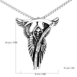 Gothic silver winged reaper pendant necklace with scythe and box chain, 57mm height