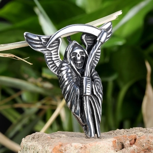 Gothic Winged Grim Reaper Scythe Skull Pendant Necklace Stainless Steel Punk Rock Jewelry For Men Women