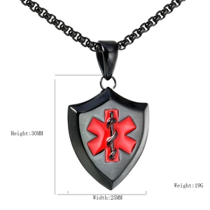 Zwarte schild medische hanger voor heren met rood levensster-symbool en stalen ketting