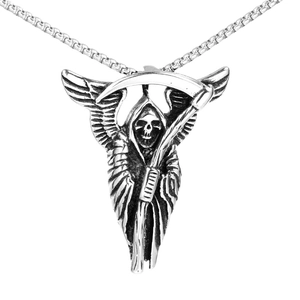 Gothic Grim Reaper pendant with wings and scythe on a premium steel box chain necklace