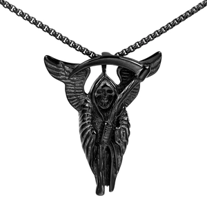 Gothic black grim reaper pendant necklace with detailed wings and scythe over white background