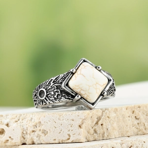 Retro industrial titanium steel ring with meteorite texture and square white turquoise stone