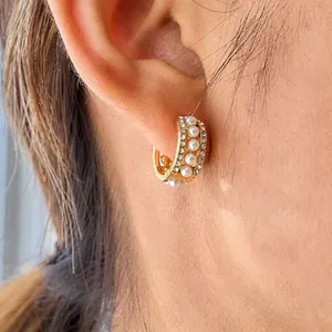 Orecchini a Cerchio in Acciaio Inossidabile Placcato Oro Perla Artificial Zirconia Intarsiato Vintage Lusso Gioielli Geometrici Donna