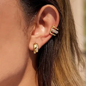 Orecchini a Cerchio Luna in Acciaio Inossidabile Con Strass e Polsino Orecchio a Tre File Per Donna Gioielli Geometrici Di Lusso