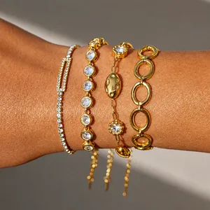 Elegante Bracciale in Acciaio Inossidabile da Donna Placcato Oro Zirconia Fiore Cuore Ciondolo Catena Braccialetto Gioielli Regalo