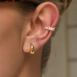Minimalist Stainless Steel Zircon Ear Cuff Non Piercing Earrings For Women Gold Plated Geometric Baguette Rhinestone Jewelry