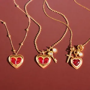 Edelstahl Herz Anhänger Halskette Gold Plattiert Rot Zirkonia Mit Schlüssel Kreuz Künstliche Perle Charms Für Damen Valentinstag Geschenk