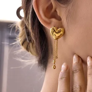 Stainless Steel Heart Tassel Stud Earrings Gold Plated Rhinestone Drop Long Chain Earrings For Women Fashion Jewelry