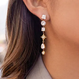 Luxury Stainless Steel Zirconia Long Tassel Earrings For Women Geometric Star Water Drop Dangle Earrings Gold Plated Jewelry