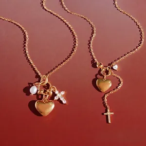 Edelstahl Herz Kreuz Anhänger Halskette Künstliche Perle Zirkonia Vergoldet Wasserdicht Modeschmuck Für Damen