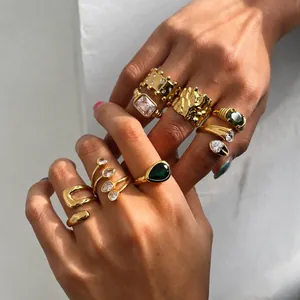Bagues de Luxe en Acier Inoxydable Zircone Plaqué Or Géométrique Empilable Bijoux Vintage pour Femme Fête Quotidien